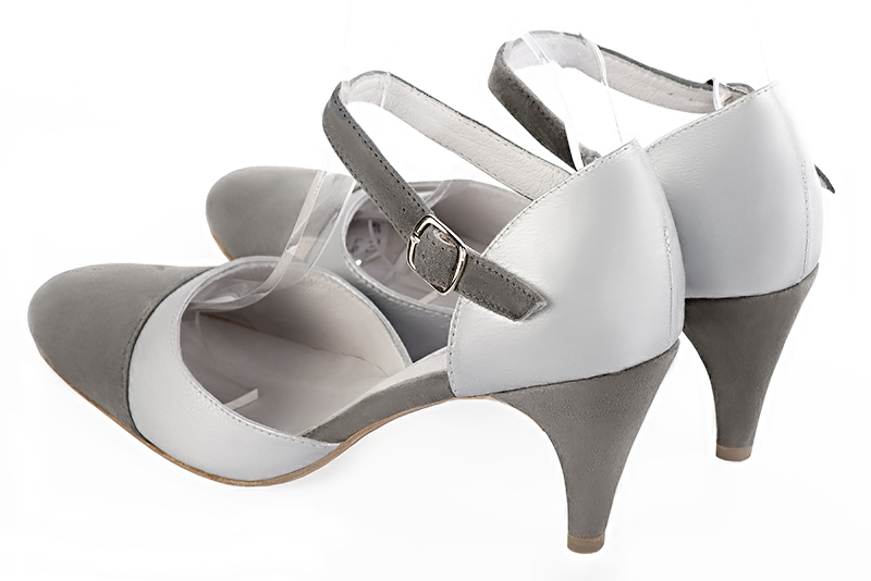 Dove grey and light silver women's open side shoes, with an instep strap. Round toe. High slim heel. Rear view - Florence KOOIJMAN